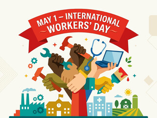 Fototapeta premium International Workers Day Celebration with Diverse Tools and Symbols of Labor