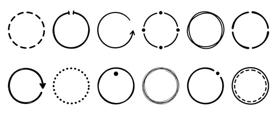 Obraz premium Collection of various hand-drawn circular frames and doodle elements, including dashed, dotted, solid, and arrowed circles, perfect for design projects and graphic accents.