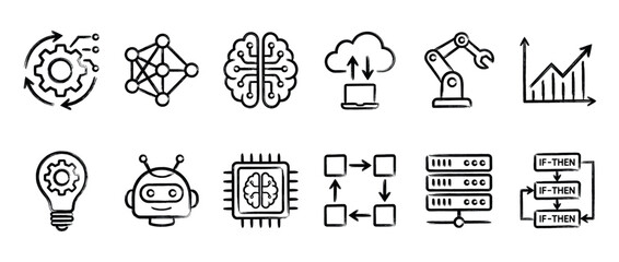 Fototapeta premium Artificial intelligence, machine learning, and automation technology icons set in a modern brush stroke style for digital concepts.