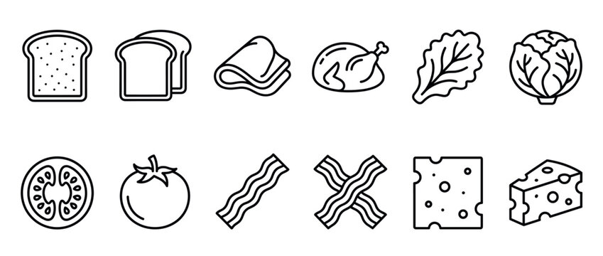 Sandwich ingredients icons set featuring various food items like bread, meat, vegetables, and cheese in a clean line art style.