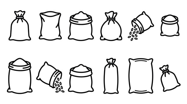 Grain sacks and flour bags vector icon set illustrating various types of storage for agricultural products and food ingredients.