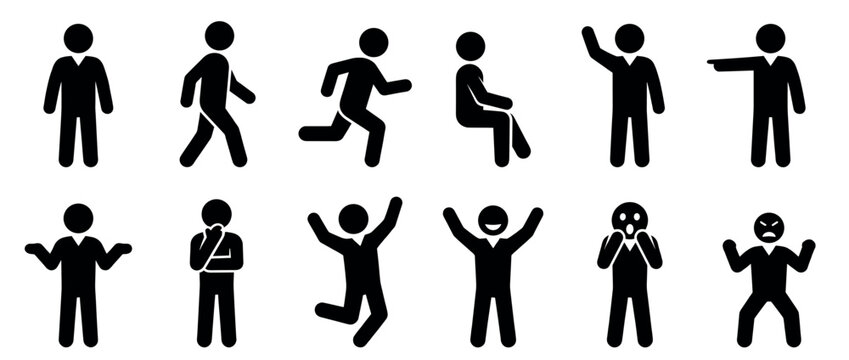 Stick figures illustrating various human actions, emotions, and poses, including standing, walking, running, sitting, and expressing feelings.