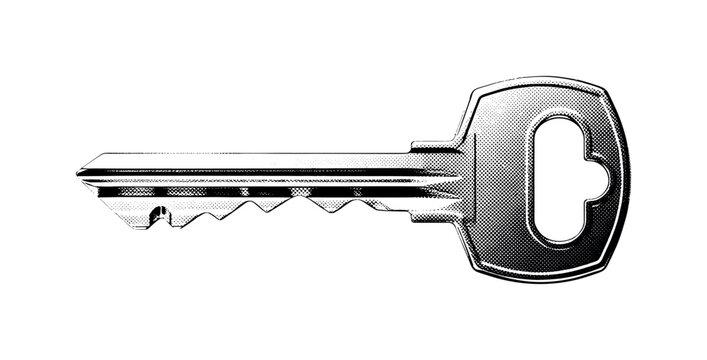 A classic skeleton key with an intricately framed bow featuring fine engraved details, isolated in minimal composition, black and white halftone illustration,