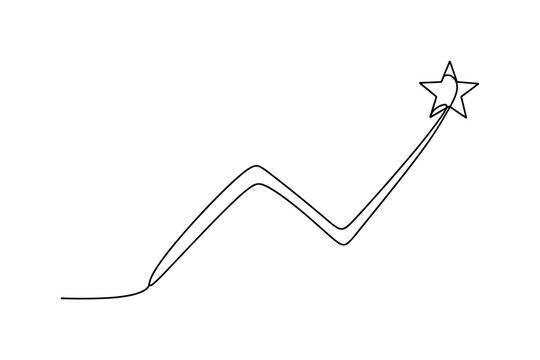 Rise and Shine Illustration. Minimalistic one-line drawing upward trending line ending with star icon, continuous single black line on white background, simple