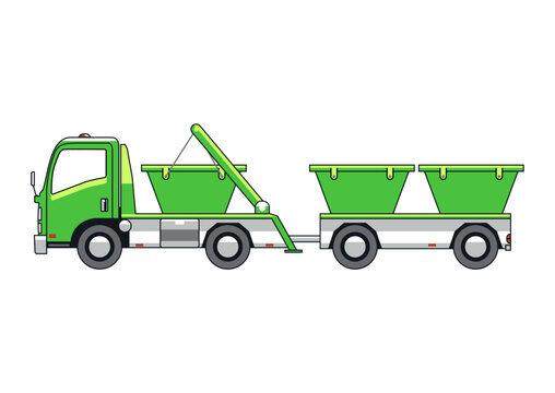 Cantilever skip truck with trailer. Side view. Vector.