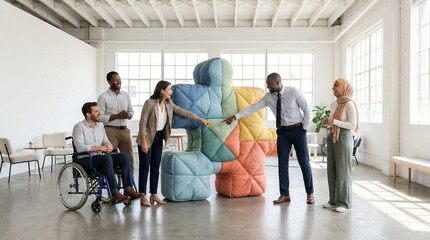 Fototapeta premium Corporate team solving complex problem with large abstract puzzle piece