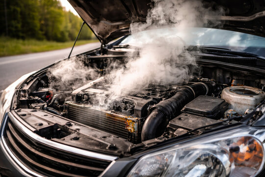 Car engine failure with smoke under the hood on the roadside
