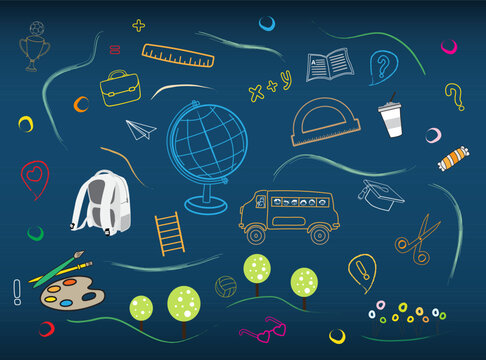 Colorful educational doodles with school bus on blue board background