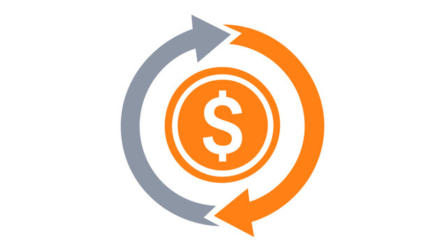 Business incubator vector icon illustration featuring a dollar sign coin with circular arrows representing cash flow, investment cycle, financial exchange, and startup growth in blue and orange.