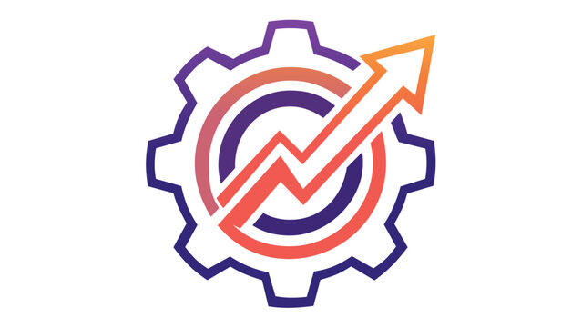 Scalable vector icon illustration featuring a gear and rising arrow graph, symbolizing disruptive technology, business growth, industrial efficiency, innovation, and startup success in flat style.