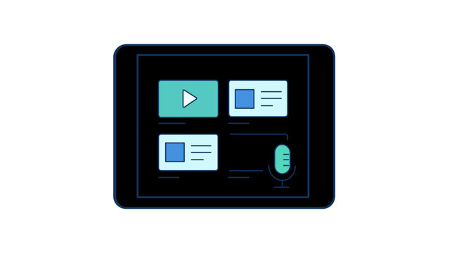 Vector illustration of a digital tablet displaying a content management dashboard with video player, blog posts, and microphone icon for podcasting, startup founder tools, and online media creation.