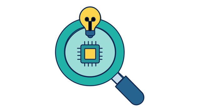 Startup business idea vector icon illustration featuring a magnifying glass focusing on a microchip with a lightbulb, symbolizing innovation, technology research, and creative digital solutions.