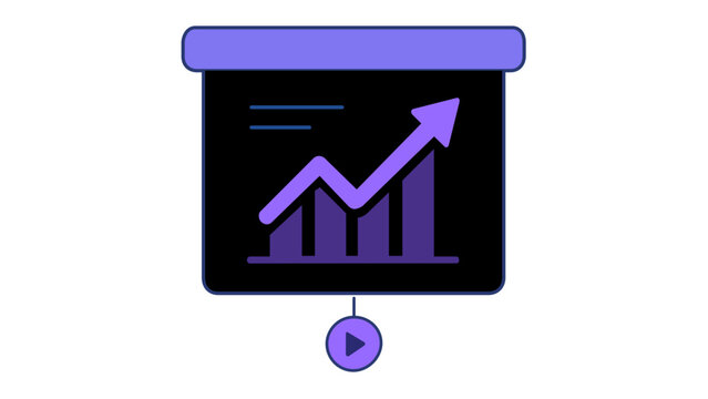 Modern minimalist startup business growth vector icon illustration featuring a presentation screen with an upward arrow and bar chart, symbolizing financial success, market progress, and data