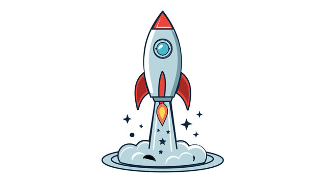 Flat vector illustration of a cartoon rocket ship launching into space with smoke clouds and stars, representing a business startup, growth, and success concept, minimalist icon, AI-generated.