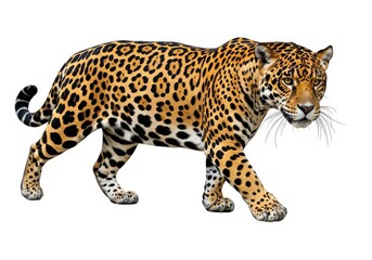 Naklejka premium Full body side view of a jaguar walking isolated on white background