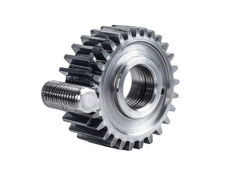 Close-up of a detailed metallic gear, showcasing intricate teeth and a threaded stud, isolated on black