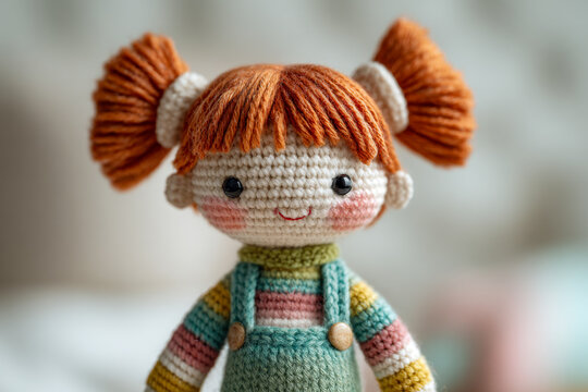 Charming handmade yarn doll with cheerful orange pigtails and colorful striped sweater perfect for a playful and cozy decorative gift idea