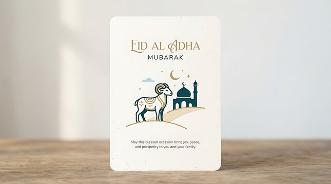 Eid al adha mubarak greeting card ram mosque and crescent moon design