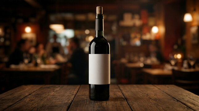 Premium wine bottle mockup with blank white label on a rustic wooden table. Elegant blurred restaurant interior background with warm bokeh lighting.