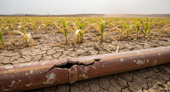 Broken water pipe in a dry field with dying corn plants. Agricultural drought and irrigation infrastructure failure. Climate crisis impact on farming, water scarcity and crop death.