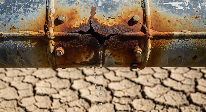 Rusty pipe with hole leaking water over cracked dry earth. Water shortage and drought concept showing infrastructure decay. Climate crisis and environmental emergency in arid desert land.