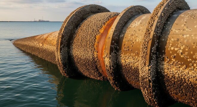 Large metal pipeline covered in barnacles extending into the ocean. Industrial water intake system for desalination plant. Infrastructure for coastal water supply management and resource.