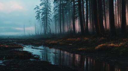 Fototapeta premium Misty forest with a reflective stream and tall, dark trees at dawn