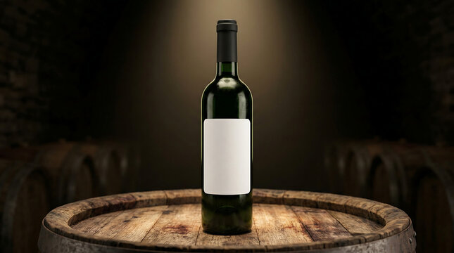 Premium wine bottle mockup with blank white label on a wooden barrel. Elegant dark wine cellar background with spotlight for branding and packaging design.