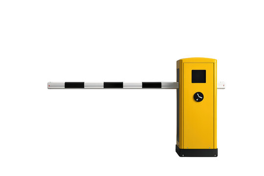 Automatic boom barrier extending horizontally, controlling access for vehicles. Security gate system for parking, private property, or toll roads