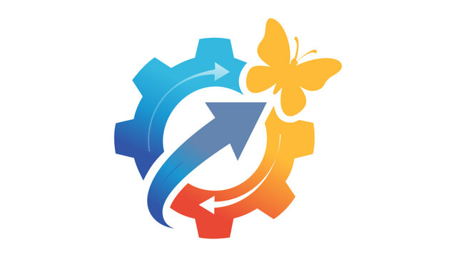 Leadership succession and business transformation vector illustration featuring a gear with motion arrows and a butterfly, symbolizing growth, career development, and strategic change.