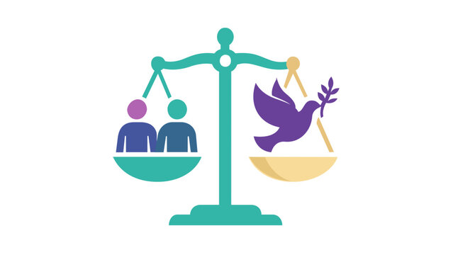 Scalable vector icon of a balance scale with people and a peace dove, symbolizing ethical leadership, corporate social responsibility, justice, harmony, and executive management skills.