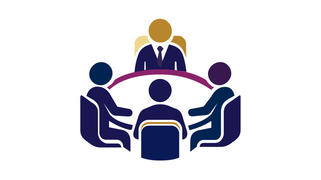 Professional vector icon illustration of a board of directors meeting with four people sitting around a round table, symbolizing leadership, corporate management, teamwork, and business strategy.