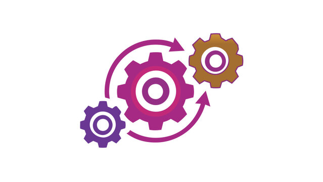 Change management vector icon illustration featuring interlocking gears and circular arrows representing leadership skills, business process optimization, strategic workflow, and system growth.
