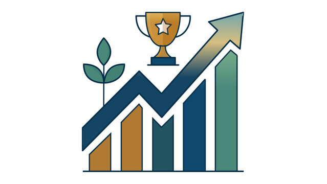 Professional vector illustration representing leadership and management skills with an upward trending arrow graph, a success trophy, and a growth plant icon for business development.