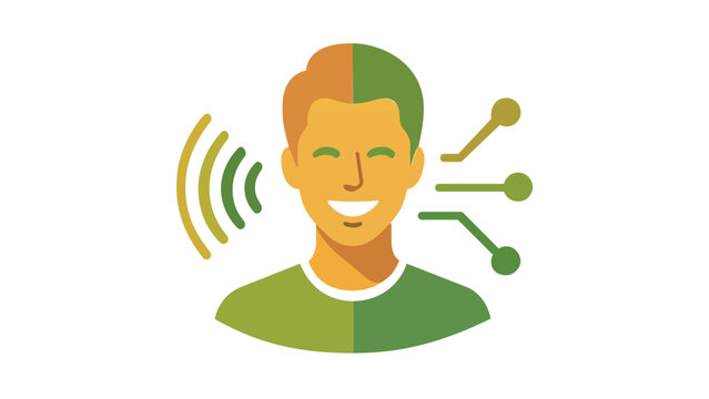 Modern vector illustration of a smiling male leader icon representing effective communication and technical guidance, featuring sound waves and digital circuit nodes for professional leadership.