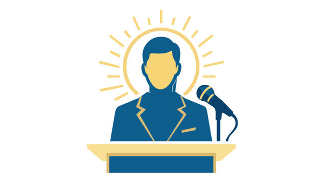Professional vector icon illustration of a visionary leader in a blue suit at a podium with a microphone, featuring a golden halo sunburst symbolizing authority, guidance, and public speaking.