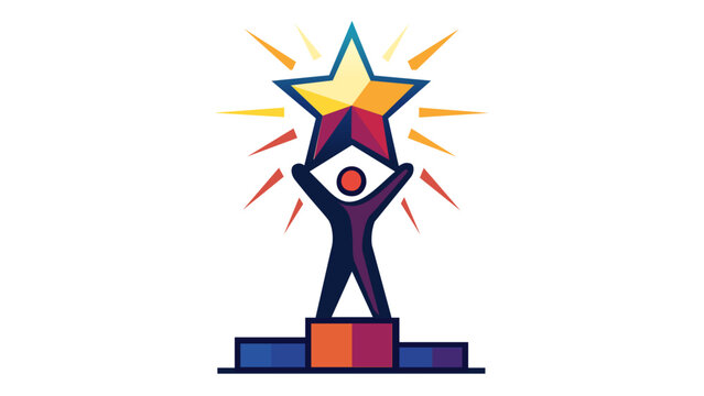 Vector icon illustration of a successful leader standing on a winner's podium holding a bright star, representing strategic thinking, achievement, business excellence, and leadership skills.