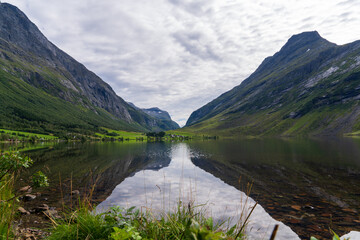 Fototapeta premium Symmetrical Mountain Reflection in Lake Eidsvatnet, Norway