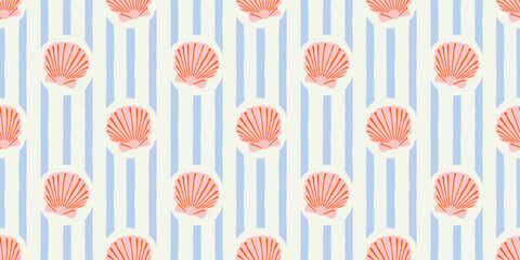 Stoffe zum Nähen Tropical beach sea shell seamless pattern. Summer marine animal background design. Vacation travel concept. Ocean seashell flat cartoon backdrop illustration.
