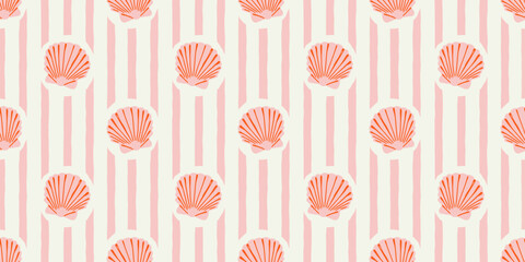Stoffe zum Nähen Tropical beach sea shell seamless pattern. Summer marine animal background design. Vacation travel concept. Ocean seashell flat cartoon backdrop illustration.