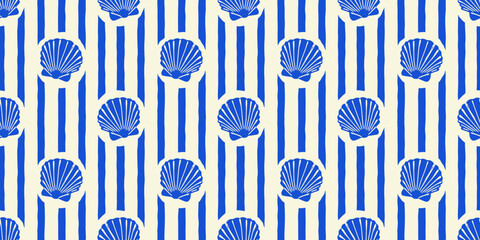 Stoffe zum Nähen Tropical beach sea shell seamless pattern. Summer marine animal background design. Vacation travel concept. Ocean seashell flat cartoon backdrop illustration.