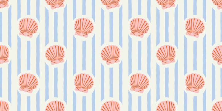 Tropical beach sea shell seamless pattern. Summer marine animal background design. Vacation travel concept. Ocean seashell flat cartoon backdrop illustration.