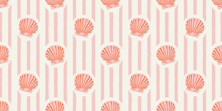 Tropical beach sea shell seamless pattern. Summer marine animal background design. Vacation travel concept. Ocean seashell flat cartoon backdrop illustration.