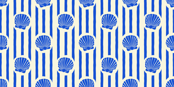 Tropical beach sea shell seamless pattern. Summer marine animal background design. Vacation travel concept. Ocean seashell flat cartoon backdrop illustration.