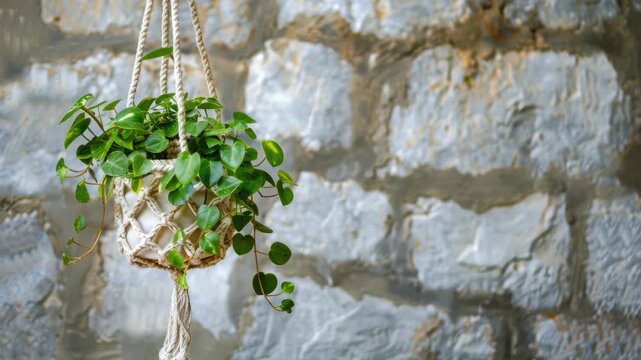 Hanging plant in macrame planter against stone wall