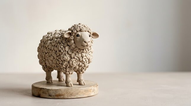 Ceramic sheep figurine on wooden base against a blurred neutral background