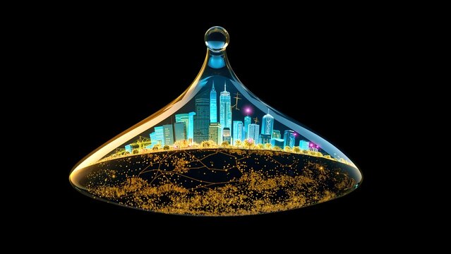 City skyline glows inside a translucent glass dome floating against a dark background.