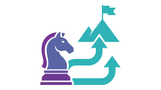 Business strategy vector illustration featuring a chess knight piece and arrows pointing toward a mountain peak with a flag, symbolizing goal achievement, strategic planning, and success.