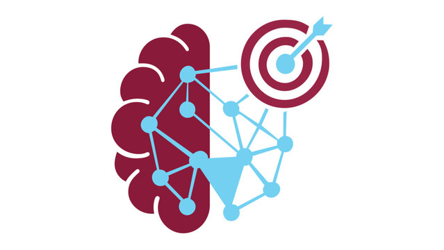 Scalable vector illustration of a brain icon integrated with a digital network and a target bullseye with an arrow, symbolizing strategic business planning, goal setting, and AI technology.