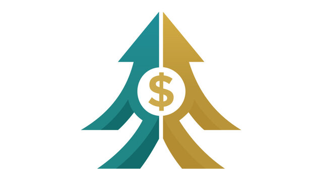 Business merger and acquisition vector illustration featuring two arrows in teal and gold merging into a single upward-pointing arrow with a dollar sign symbol representing financial growth.